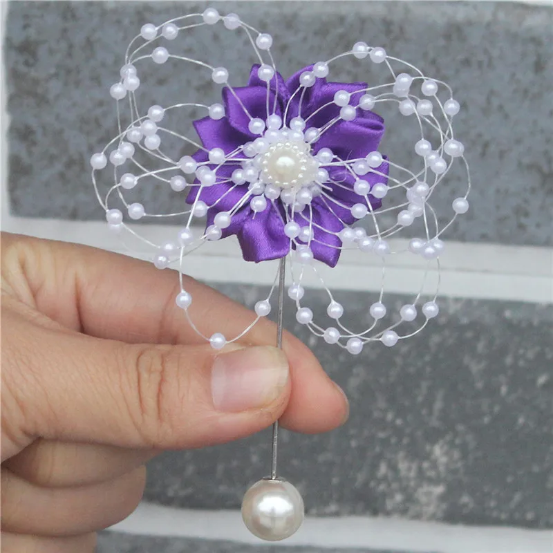 

Satin Flowers Groom Corsage Romantic Purple Flower de mariage Pearl Beads Bridal Wedding Corsage Buttonhole for Best Man XH0679