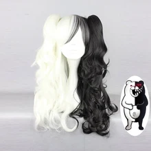 Danganronpa Monokuma, женские длинные конские хвосты, кудрявый парик, косплей, костюм, белый, черный, смесь, термостойкие синтетические волосы, парики+ парик, шапка