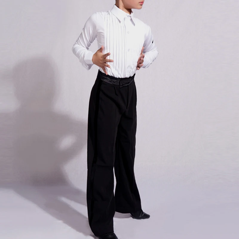 Современная танцевальная одежда, Новое поступление, для мальчиков для Бальных и латиноамериканских танцев костюм комплект белая рубашка+ черные брюки 2 шт. латиноамериканские танцы костюмы