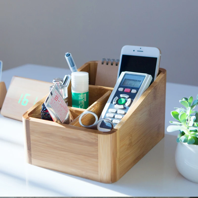 

Bamboo Multi-Function Desktop Organizer; Store stationary items like notepads, file folders, paperclips, business cards, pens