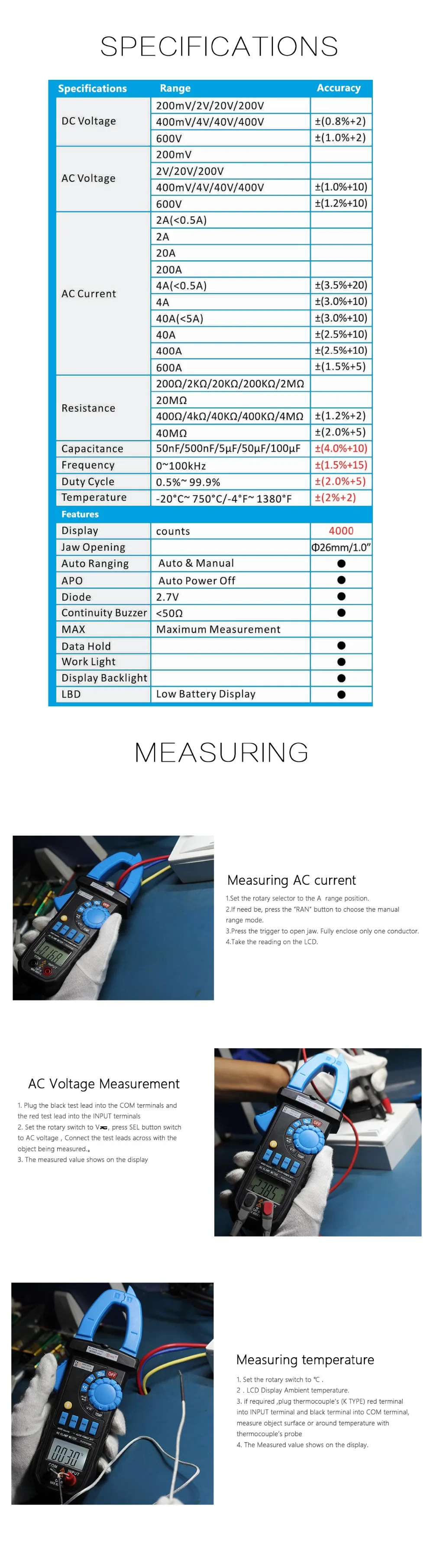 BSIDE ACM02 Plus 3 3/4 600A Автоматический диапазон цифровой клещи Бесконтактный AC Ток Емкость тестер мультиметр и зажим освещение