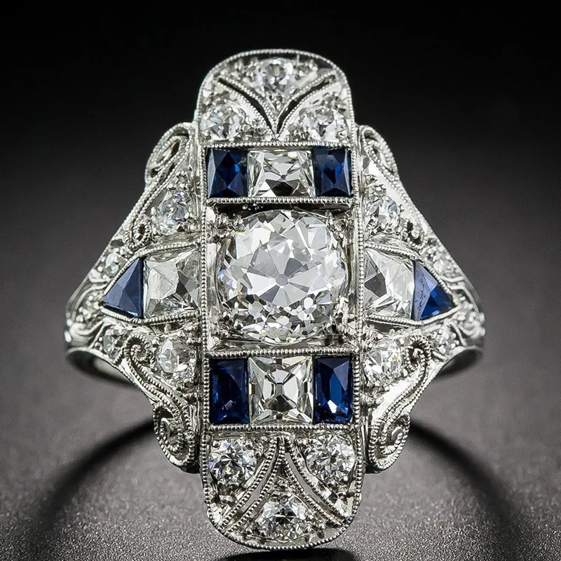 

Wedding Blue Zircon Palace Engagement 925 Silver Jewelry Retro Gifts Accessories Hollow Geometric Finger Rings for Women