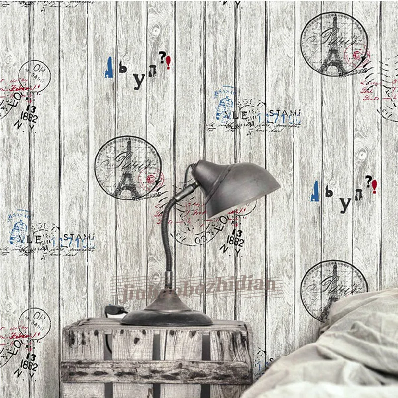 

0.53x10m American retro nostalgia letters tower wood wallpaper cafe bar clothing personality stripe wallpaper