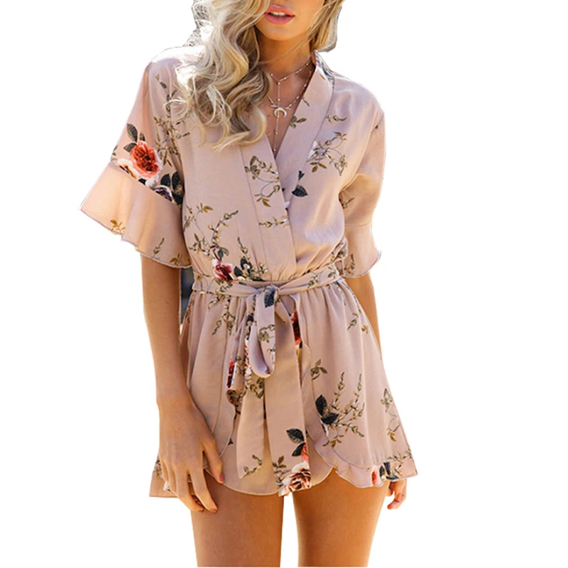 Nadafair с коротким рукавом и оборками цветочный принт богемный Playsuit Летняя Новинка 2017 г. Для женщин Повседневное пляжный комбинезон