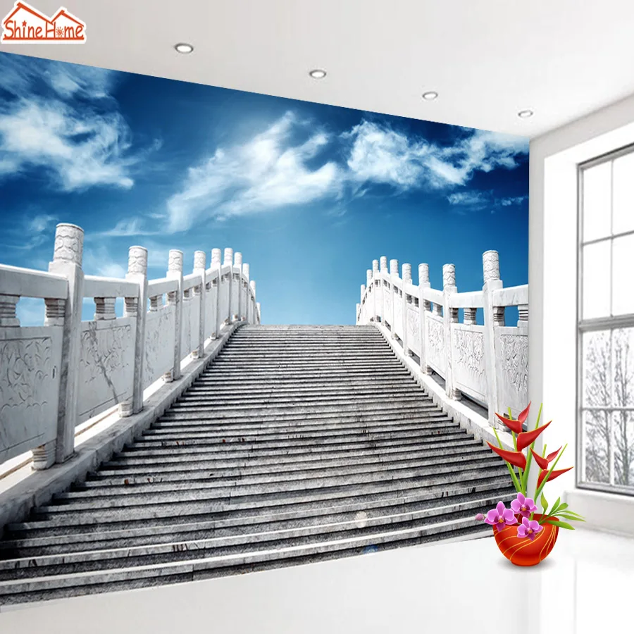 

ShineHome-Wallpaper 3d Stereoscopic for Walls Wallpapers 3 d Living Room Stairs under Blue Sky City Building Home Wall Paper