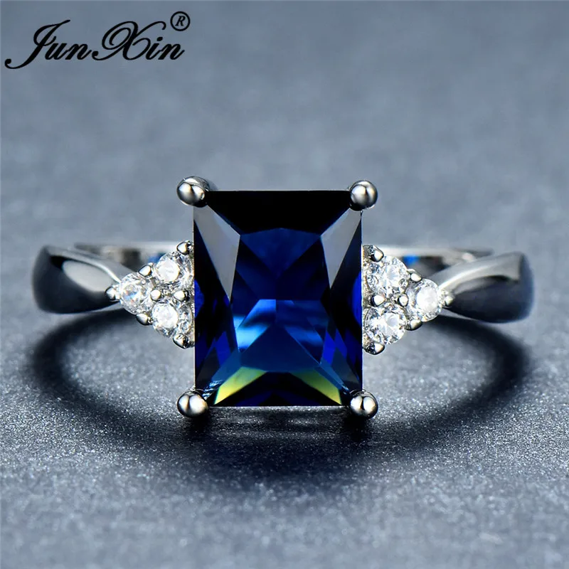 JUNXIN Princess Cut Stone Rainbow Fire Zircon Wedding Rings For Women 925 Silver Filled Square Aqua Blue Birthstone Ring Female