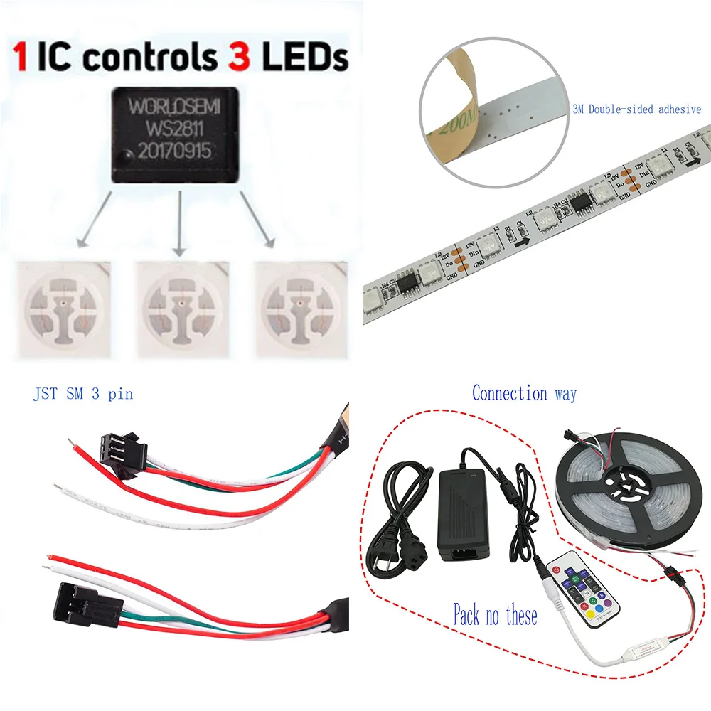 WS2811 Светодиодные ленты адресные 30/48/60 светодиодный s/m 2811 светодиодный Пиксели 5050 SMD RGB External 1 ic управления 3 светодиодный s 5 м/roll 16.5ft DC12V