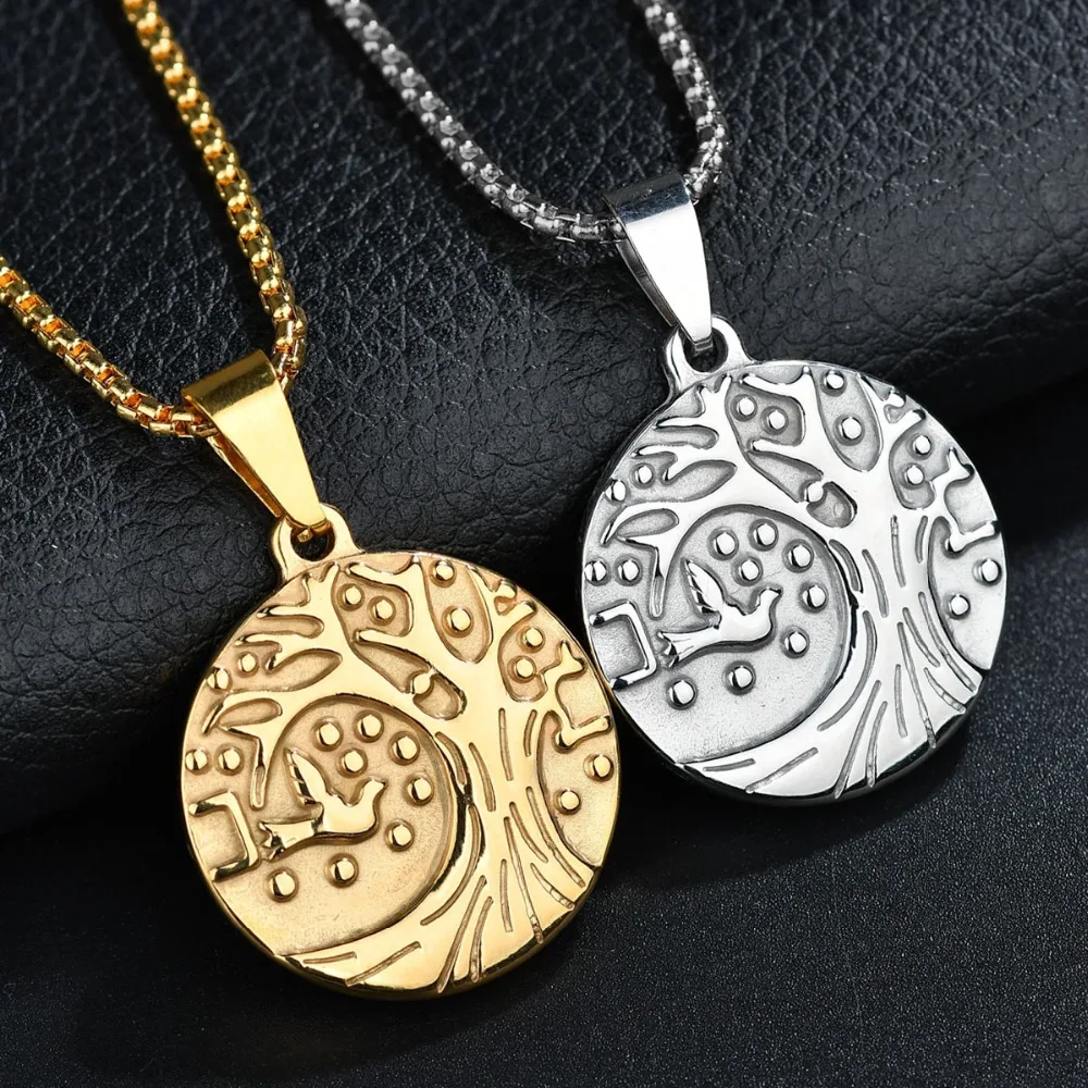 

Mini Pigeon Life Tree Round Pendants& Necklaces for Women Girl Stainless Steel Link Chain Collier Gold Silver Tone Jewelry MN148