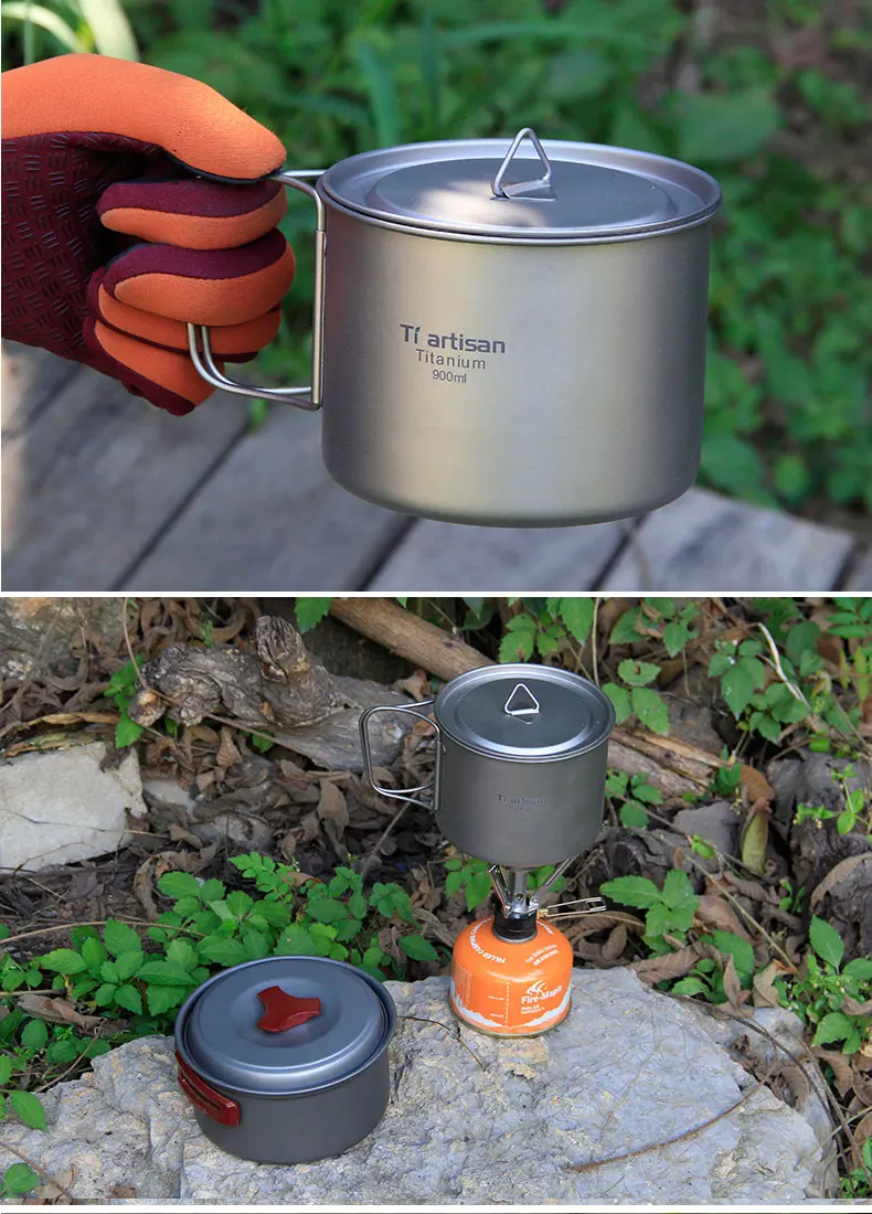 Pote de Titânio Acampamento ao ar Titânio com Cobertura Tiartisan Puro Livre Ultraleve Tigela Maior Capacidade Panelas Piquenique 900ml 12 Louça para ar livre