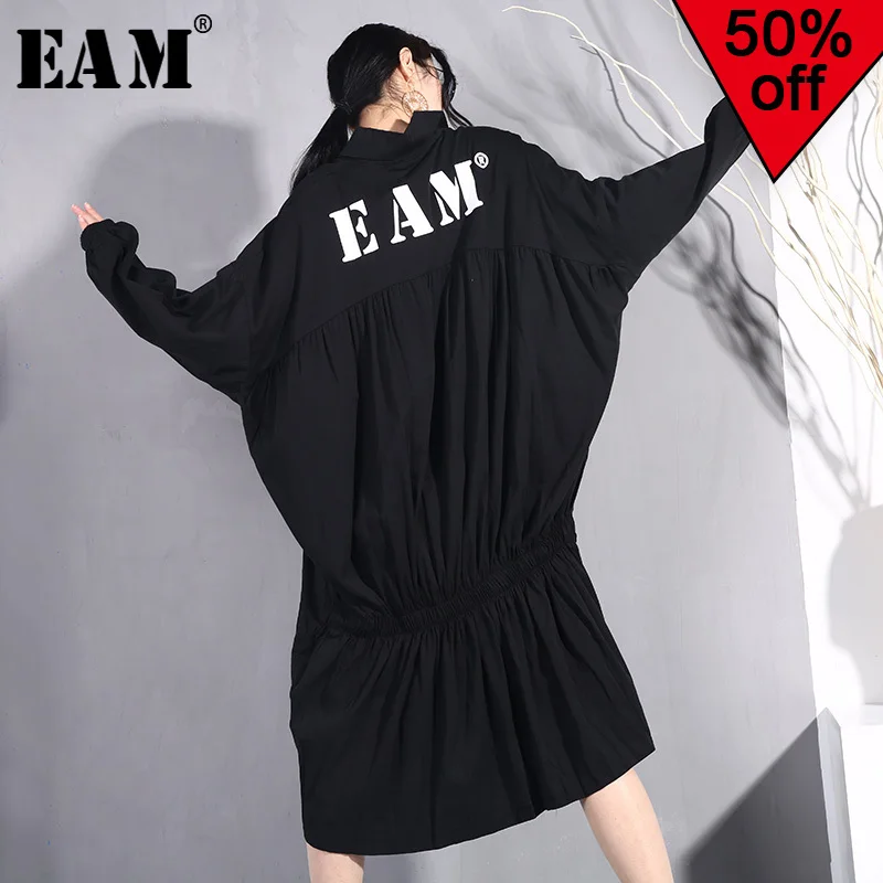 

[EAM] 2019 Spring Trendy New Black Letter Print Batwing Sleeve Loose Large Size Turn-down Collar Fashion Dress Women Tide F95