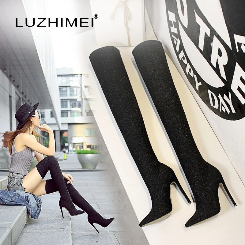 

2018 New Fashion Winter Bling Over Knee Boot Women Elastic Pointed Toe Female Boots Sexy Luxury Party Night Club Thigh High