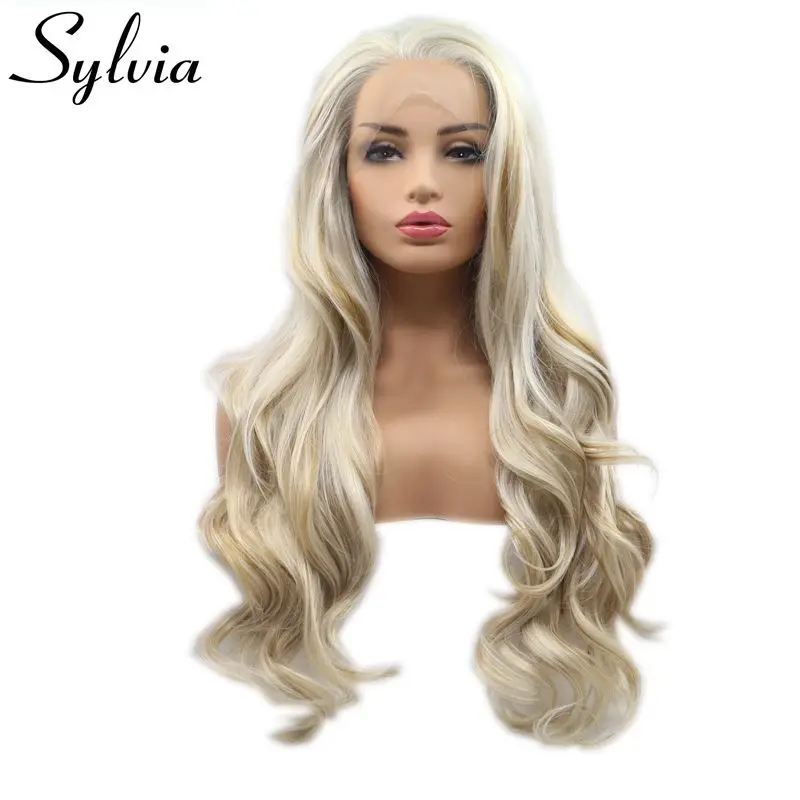 Sylvia длинные натуральных волос смешанный блондинка Цвет свободная часть свободная волна химическое Синтетические волосы на кружеве парик
