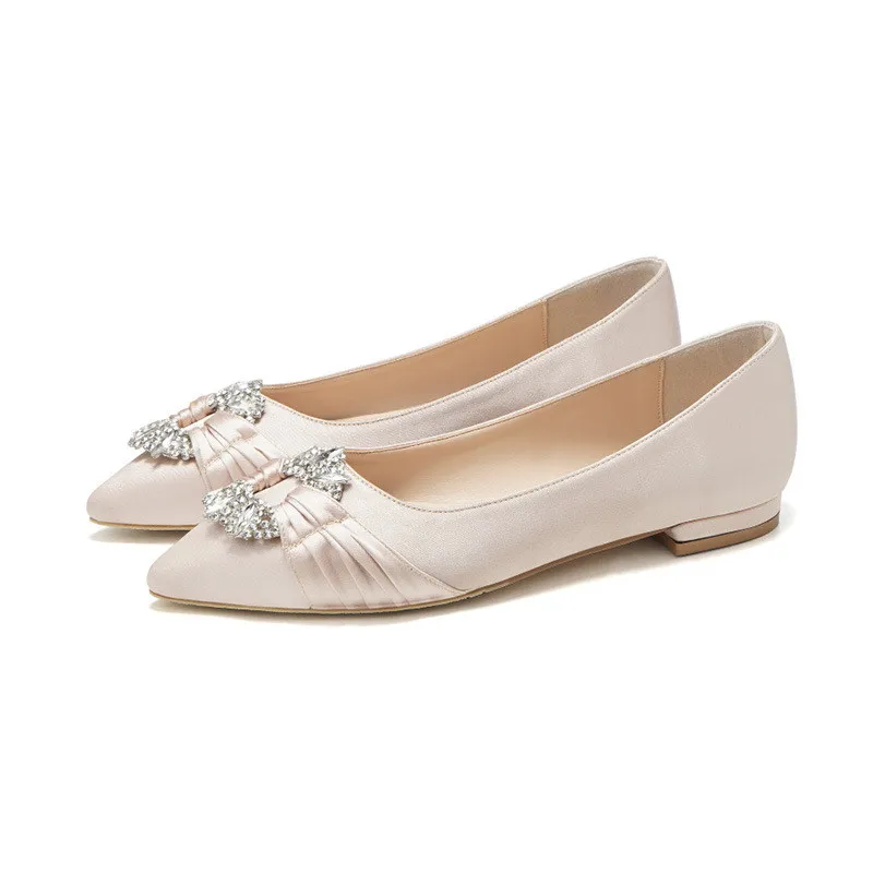 

OnnPnnQ Flat Satin Crystals Women Flat Shoes for Bridesmaid Pointed Toe Slip on Wedding Bridal Party Flat Shoes