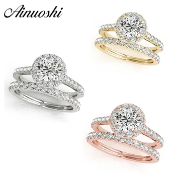 

AINUOSHI 925 Sterling Silver Women Rings White Gold Yellow Gold Rose Gold Color Round Cut 1CT Ring Engagement anillos de plata