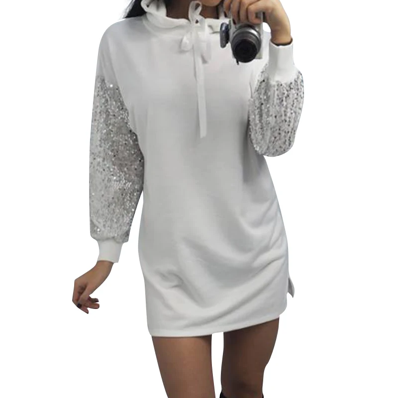

Sequined Women Hoodie Dress Hoody Hooded Splice Pullover Tunic Casual Loose Basic Dresses Clothes 2018 Spring WS5944U