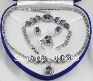 

Free shipping@@pretty Violet 18K GB Amethyst CZ Necklace Bracelet Earrings Crystal Ring + box set