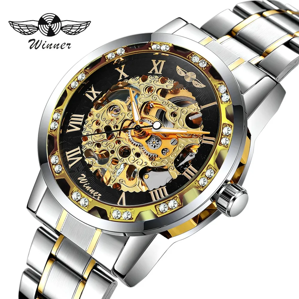 

WINNER Skeleton Mechanical Watch Men Crystal Iced Out Golden Dial Brand Luxury Man Watch 2019 Steel Strap Business Wristwatch
