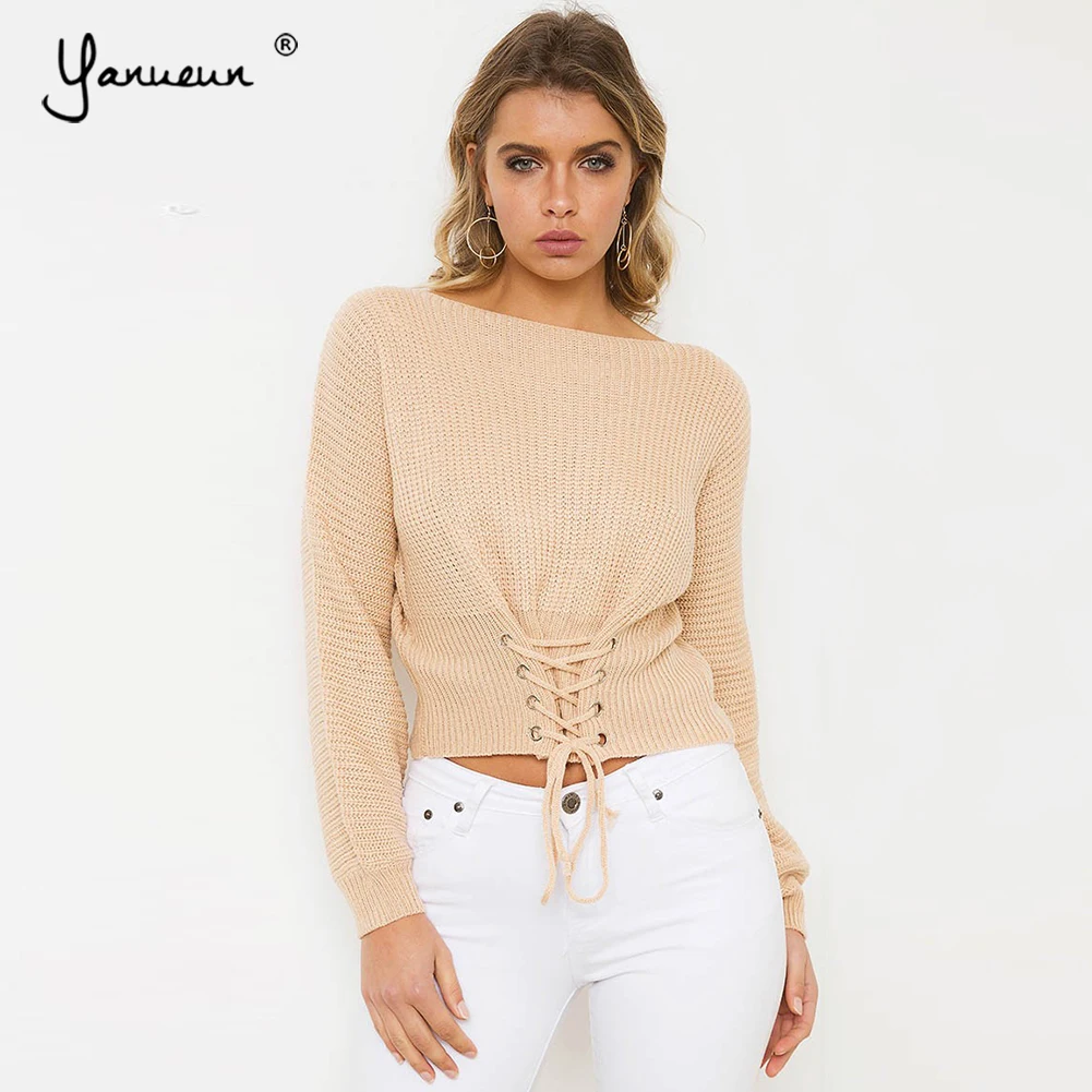 

Yanueun Autumn Winter Women Sweater and Pullovers Knitted Bright One Color Lace up Long Sleeve Solid Casual 2018 Tops