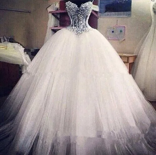 Luxurious Bling Sweetheart Ball Gown Strapless Wedding Dresses Luxurious Bling Sweetheart Ball Gown Strapless Wedding Dresses Corset Bodice Sheer Bridal Crystal Pearl Beads Rhinestones Tulle In From