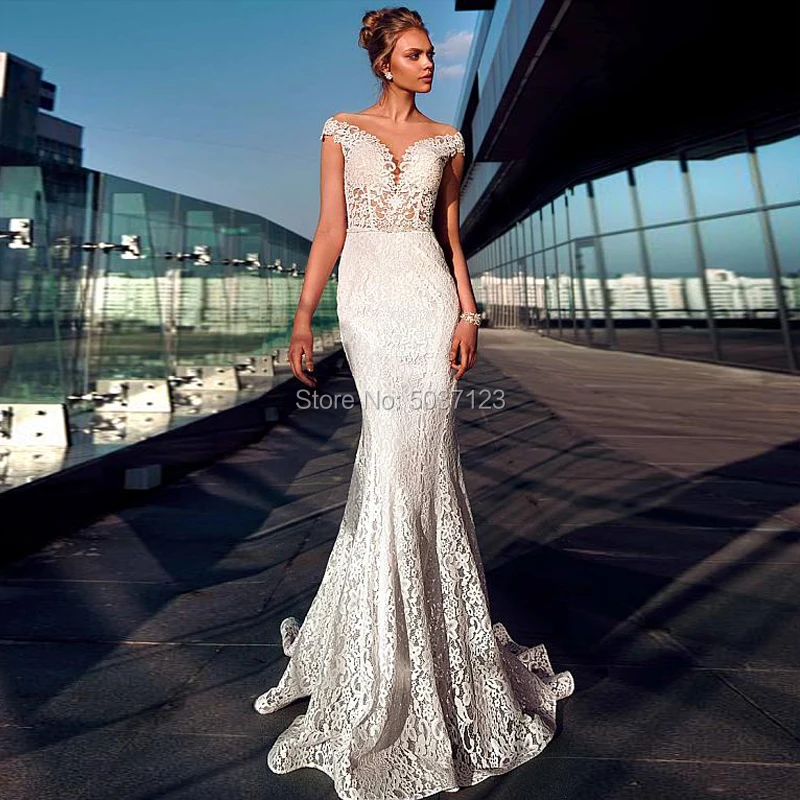 

Off the Shoulder Mermaid Wedding Dresses Sweetheart Lace Appliques Vestido De Noiva Court Train Button Illusion Bridal Gowns