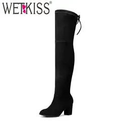 Wetkiss/женские сапоги, модные сапоги выше колена, эластичные сапоги из флока, с круглым носком, на высоком квадратном каблуке, на шнуровке