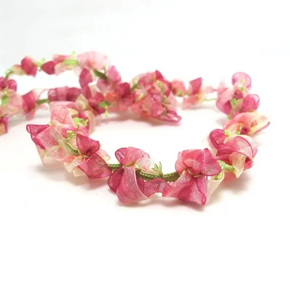 

2 Yards Woven Rococo Ribbon Trim with Fuchsia Nude Chiffon Flower|Decorative Floral Ribbon|Scrapbooking|Clothing|Decor