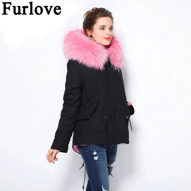 

Furlove 2017 winter jacket women black real raccoon fur collar detachable warm coat faux fur liner parkas tops short type warm