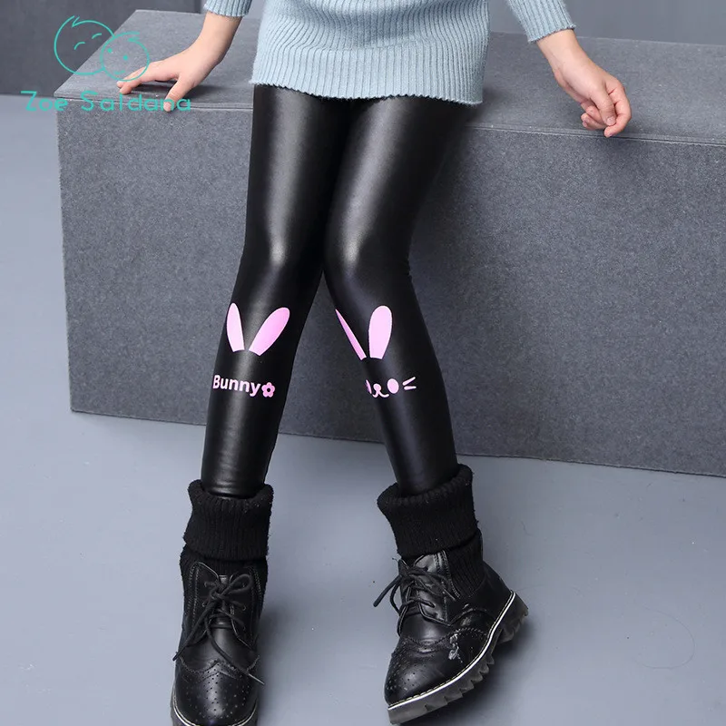 

Girl's Leggings New Winter Solid Pants Velvet Teenagers Thicken Cartoon Crown Pattern Warm PU Leather Trousers