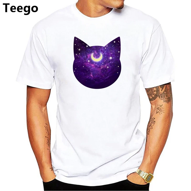 Новые летние мужские белая футболка Повседневная Half Moon печатных Luna Space Cat