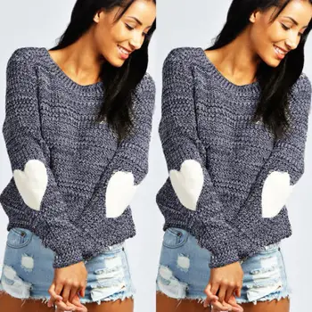 

Winter Women Long Sleeve Love Heart Knitted Sweaters Grey Pink Blue O neck Casual Loose Sweater Tops Knitwear Outwear Coat