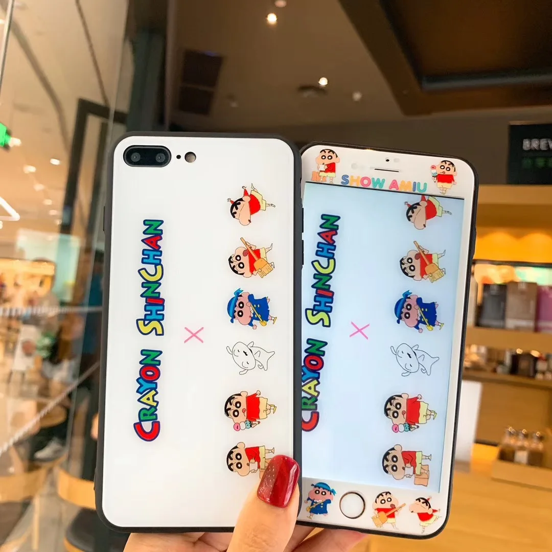 

Anime One Piece Crayon Shinchan Tempered Glass Film Screen Protector For iPhone 7 8 6 6S Plus X XR XS Max+Glass Hard Phone Case