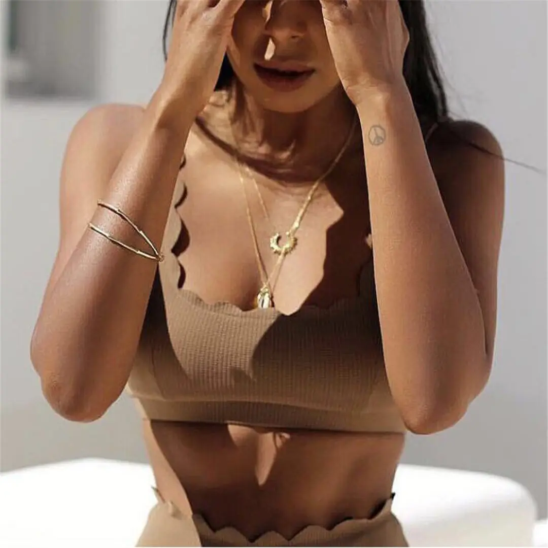 

NEW Brown scalloped Bikini 2019 Female Swimsuit Women Swimwear Two-pieces Bikini set Bather Ribbed Bathing Suit Swim Wear K1509