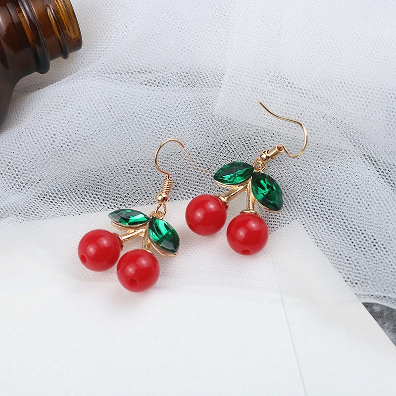 SHUANGR Classic Jewelry Pretty Sweet Fruit Fresh Crystal Red Cherry Drop Earrings for Women