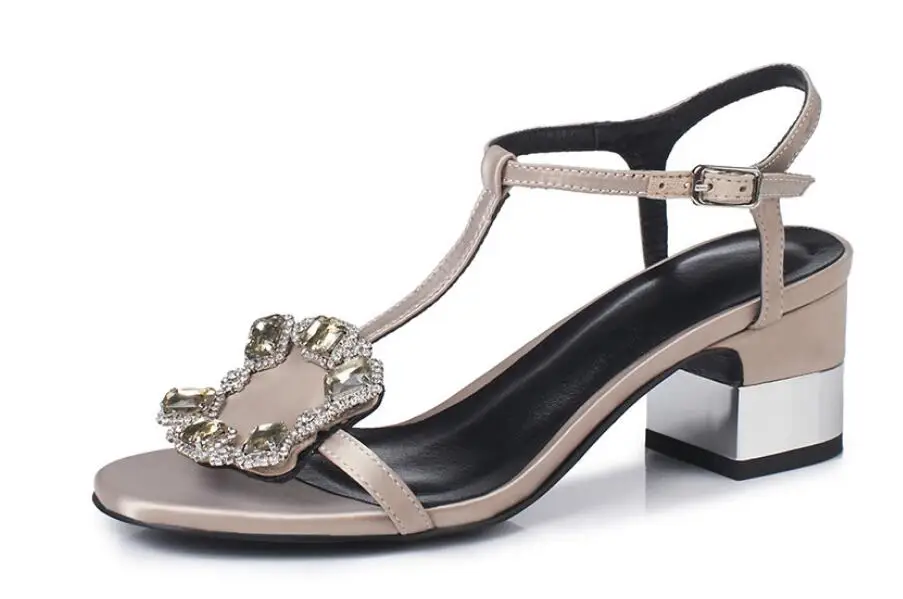 

Carole Levy Summer Sandals in Bordered Crystal Embellished Shoes Woman with Square Heel PU Leather High Heels For Ladies