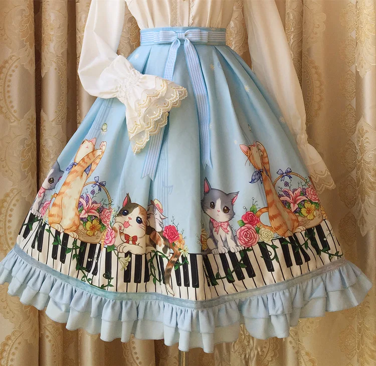 Принцесса сладкий Лолита парча сад печати юбка с кошкой, Милая юбка ZYJ078