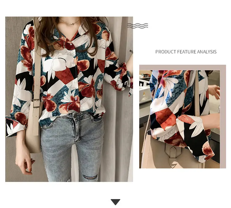 2019 Vintage Print Shirt Femme Plus Size Tops Autumn Women Blouses V-neck Long Sleeve Chiffon Blusas Mujer Chic Chemise Femme (2)