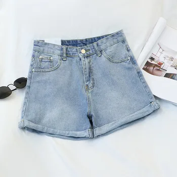 

High Waist Denim Shorts Women 2019 Spring Summer New Korean Harajuku A Line Wide Leg Shorts Curling Basic Solid Color Shorts