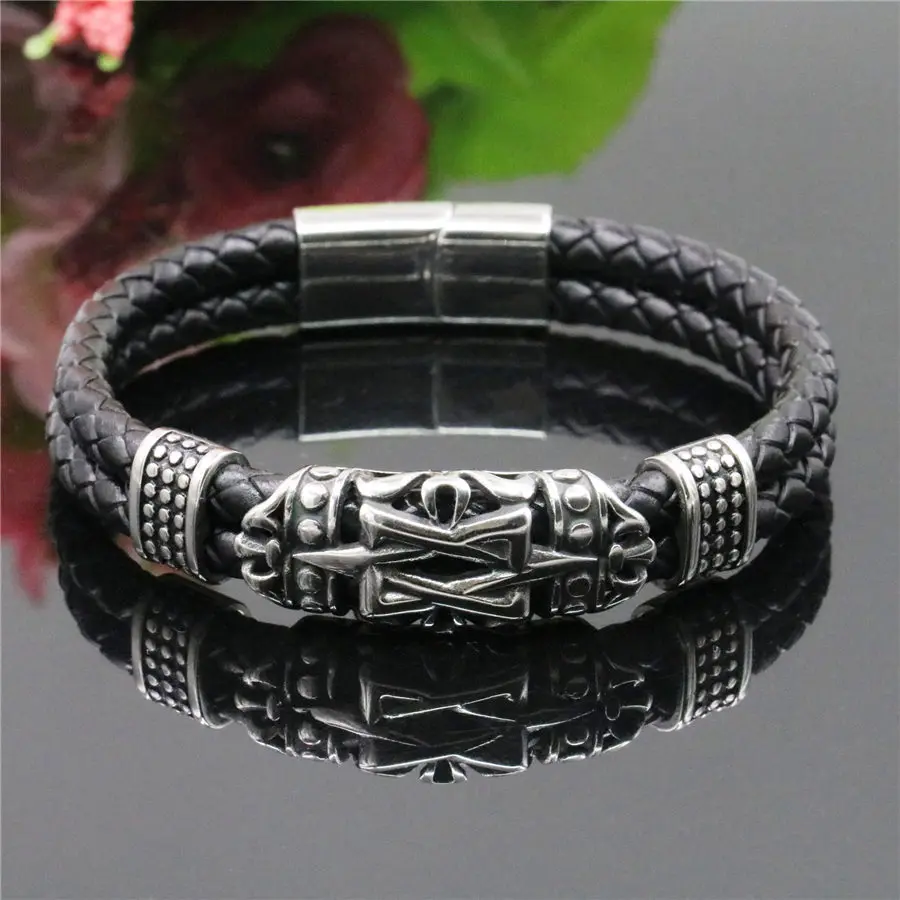 

Men's Punk Stainless Steel Genuine Leather Bracelet Symbol Norse Runes Viking Wristband Black Bangles Christmas Gifts Jewelry