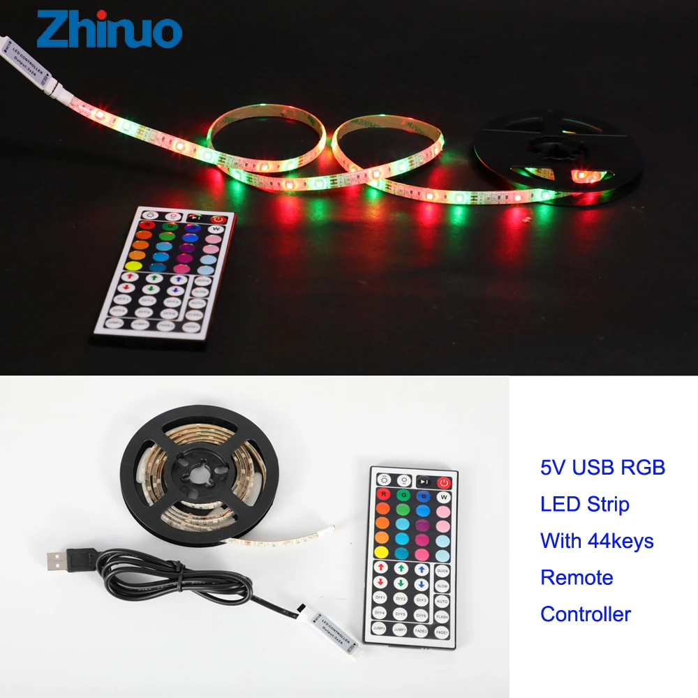 

RGB LED Strip Tape USB Neon TV Desk Backlight Lighting SMD3528 Flexible Light Belt 60LEDs/M With 44 Keys Remote Controller DC 5V