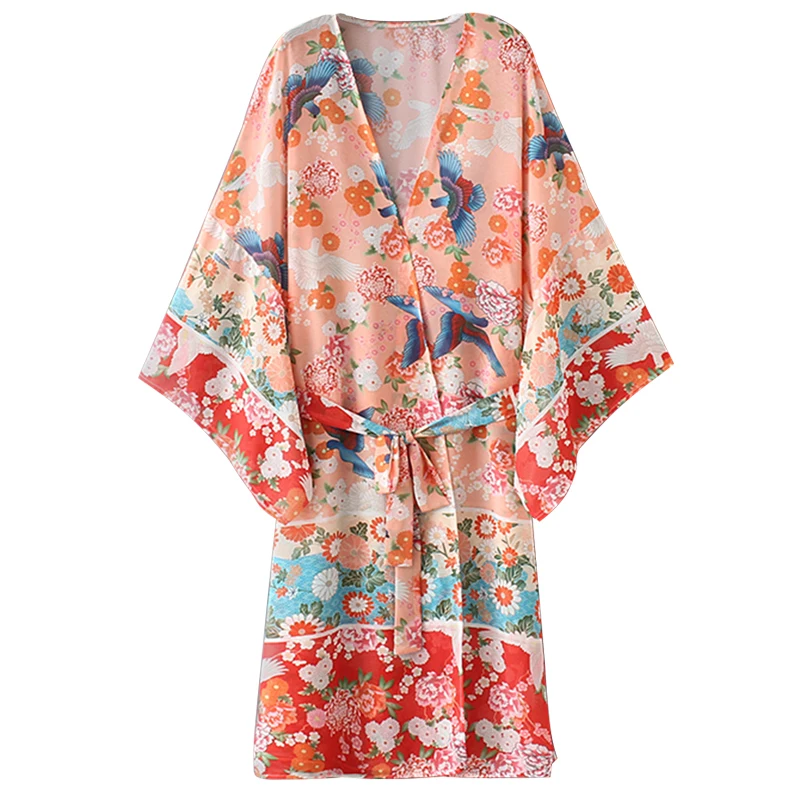 Women Chiffon Kimono Cardigan Floral Printed Long Sleeve Belt Casual Loose Long Outerwear Cover Up Beachwear