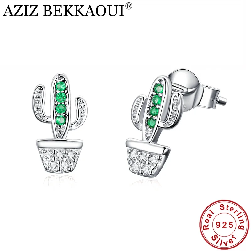 AZIZ BEKKAOUI,, 925 пробы, серебряный, зеленый, кактус, Кристальные серьги-гвоздики для женщин, модные ослепительные ювелирные изделия с растениями