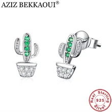 AZIZ BEKKAOUI,, 925 пробы, серебряный, зеленый, кактус, Кристальные серьги-гвоздики для женщин, модные ослепительные ювелирные изделия с растениями