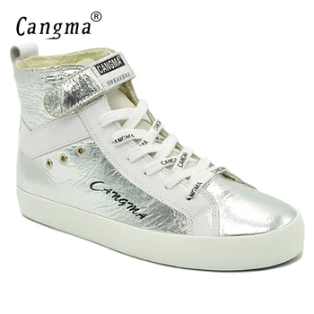 

CANGMA Original Women Boots Italy Lace Up Silver Shoes Patent Genuine Leather Casual Shoes Sneakers For Girls Ankle Boots Female