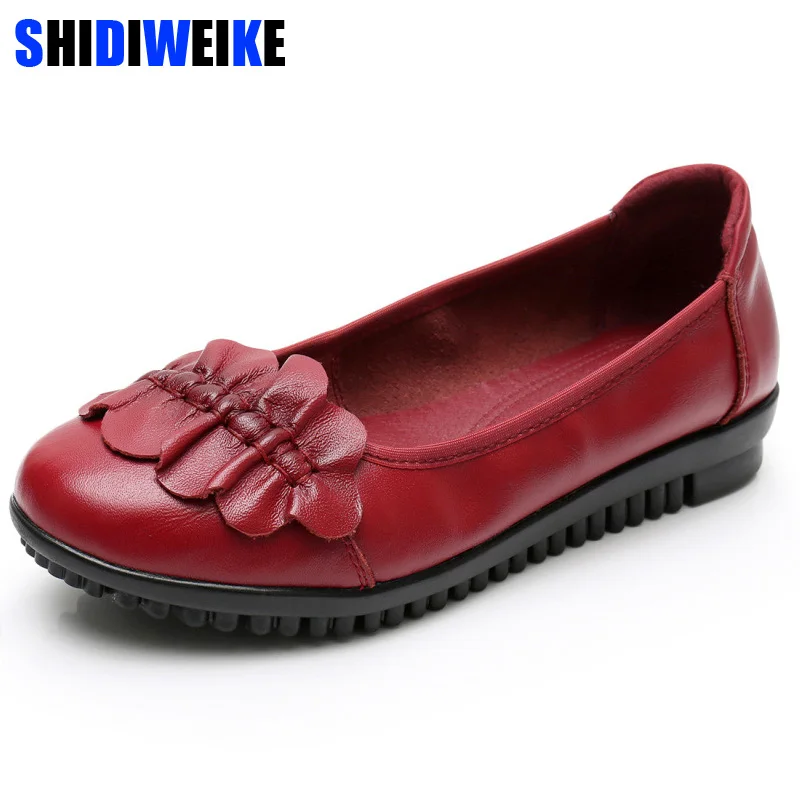 

Women Old Mother Female Shoes Flats Loafers Cow Genuine Leather Slip On Black Round Toe PU Casual Solid 35-43 n819