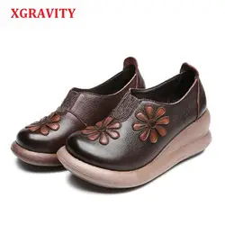XGRAVITY леди вышивать цветок модные туфли на высокой платформе-каблуке из натуральной кожи Этнический узор Для женщин женские туфли-лодочки