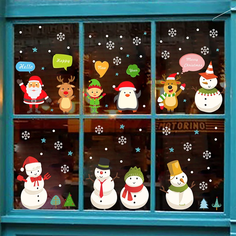 

Snowman Reindeer Wall Stickers Home Living Room Christmas Decorations Shop Window Glass PVC Decor Xmas Santa Claus Decals