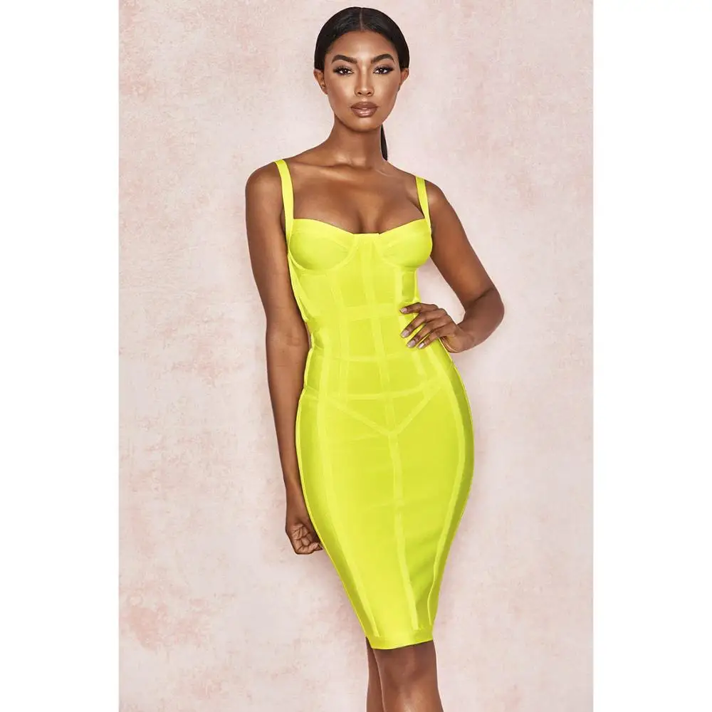 

KLEEZY 2019 Spaghetti Strap Bandage Celebrity Party Dress Solid Chic Vestidos Sexy Elegant Knee-Length Bodycon Club HL4974