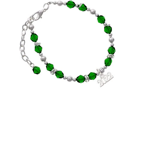 Silvertone Horizontal Year 2022 Green Beaded Bracelet