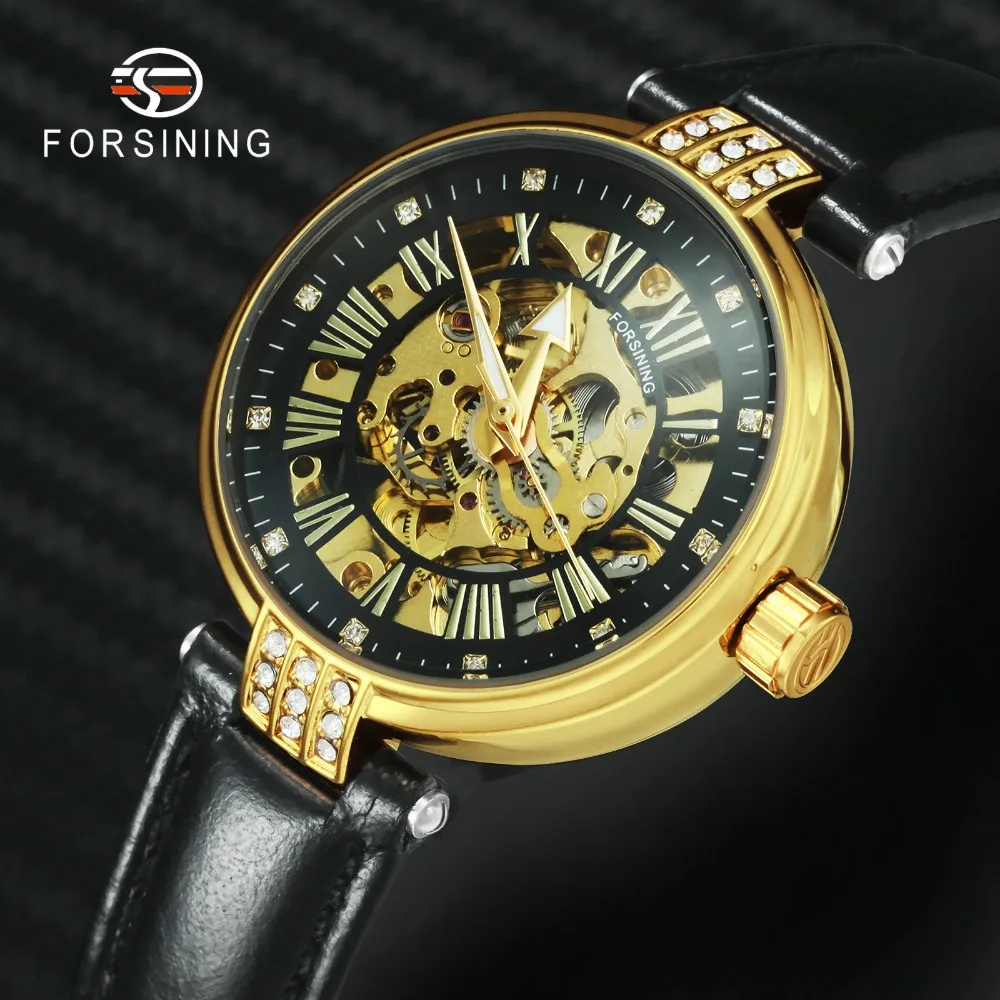 

FORSINING Royal Classic Women Auto Mechanical Watch Golden Skeleton Crystal Carved Dial Black Leather Strap Ladies Wristwatches