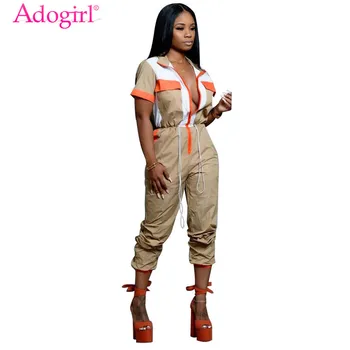 

Adogirl Color Patchwork Women Casual Jumpsuit Zipper Turn Down Collar Short Sleeve Pockets Romper Overalls Female Tracksuit